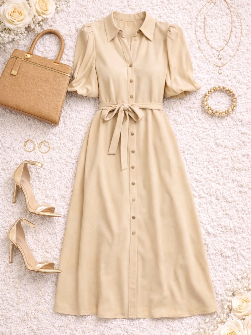Sharagano Shirt Dress Tan Midi Button Front Size 16 NWT